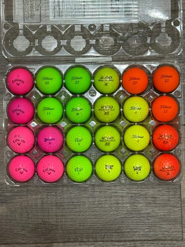 24 Colored Golf Balls - Assorted Brands (Titleist, Callaway, Vice), 5A Mint