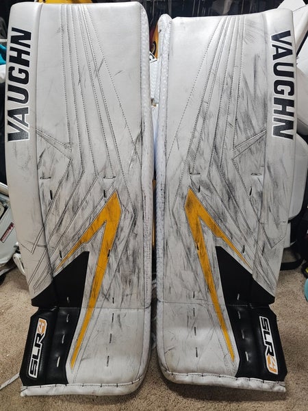 JARRY Penguins Vaughn SLR4 White Yellow Game Worn Goalie Leg Pads Senior 34 +1.5