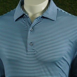 MENS LARGE FOOTJOY MULTI-STRIPE PIQUE GOLF POLO NAVY / LIGHT BLUE / WHITE, VGC