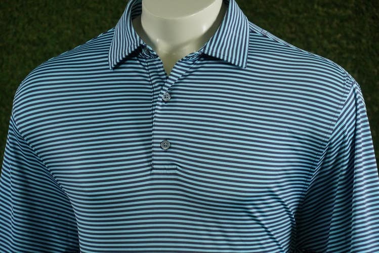 MENS LARGE FOOTJOY MULTI-STRIPE PIQUE GOLF POLO NAVY / LIGHT BLUE / WHITE, VGC