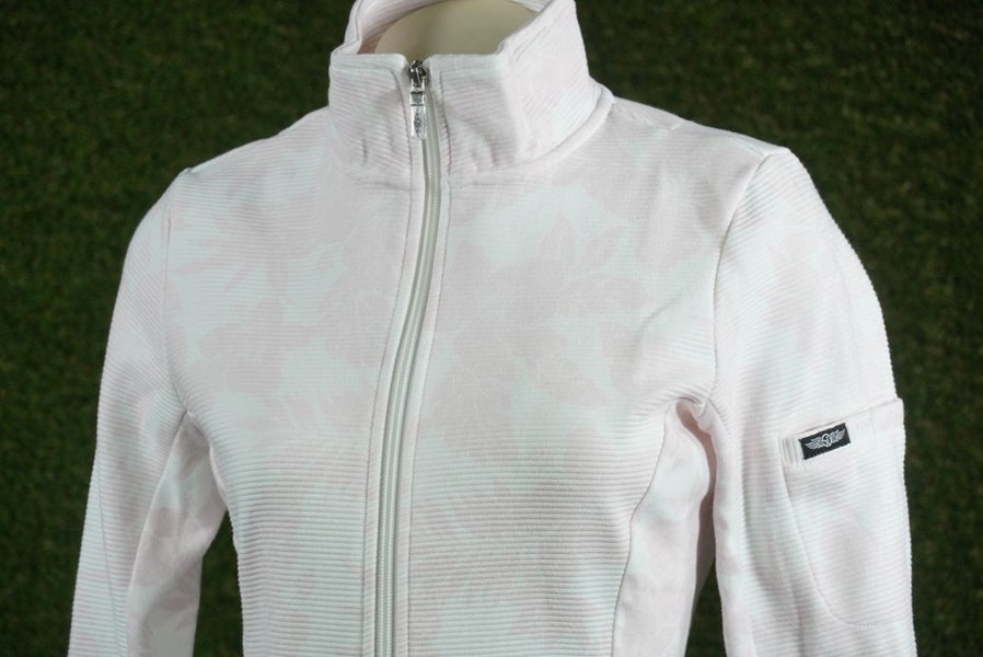 WOMENS XS STRAIGHT DOWN PARADISE JACKET FULL-ZIP WHITE PINK FLORAL, VGC