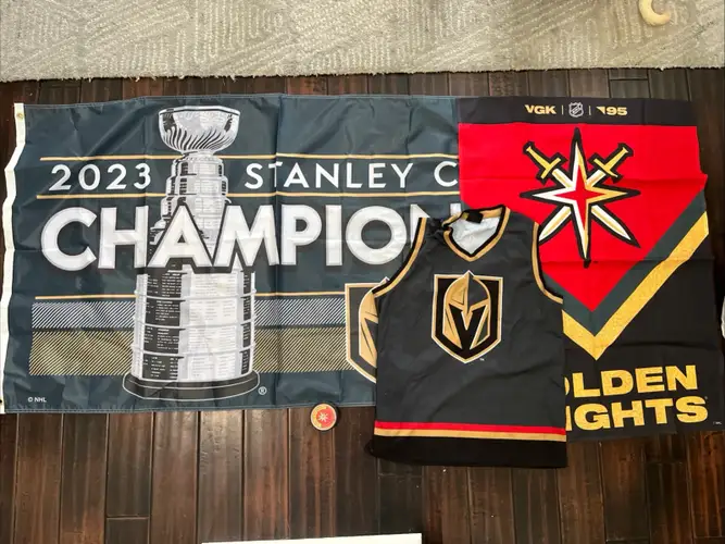 Vegas Golden Knights Hockey Tank Plus Stanley Cup And Reverse Retro Flags & Puck