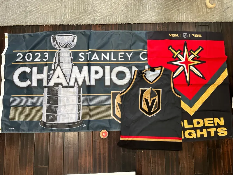 Vegas Golden Knights Hockey Tank Plus Stanley Cup And Reverse Retro Flags & Puck