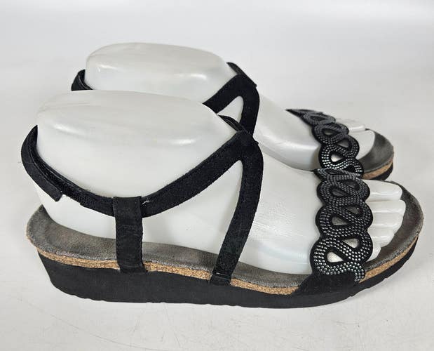 Naot Addie Sandals Black Nubuck Leather Wedge Womens Size: 38 / 7