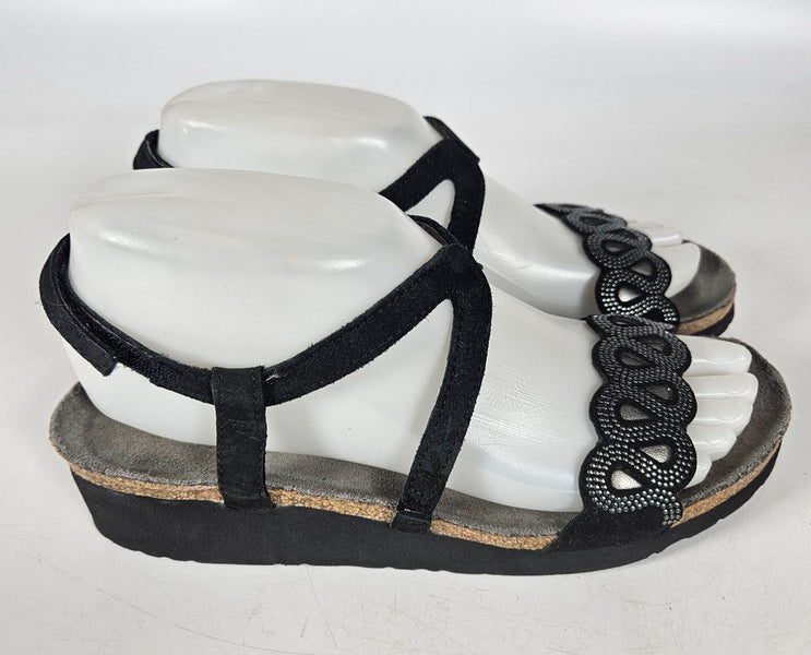 Naot Addie Sandals Black Nubuck Leather Wedge Womens Size: 38 / 7