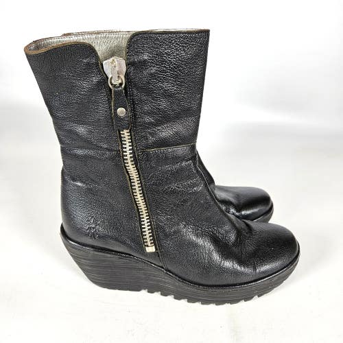 Fly London Yex Wedge Black Leather Boots Side Zip Metallic Cuff Women's 38 / 7