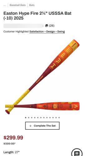 Easton Hype Fire USSA Bat 27” (-10)