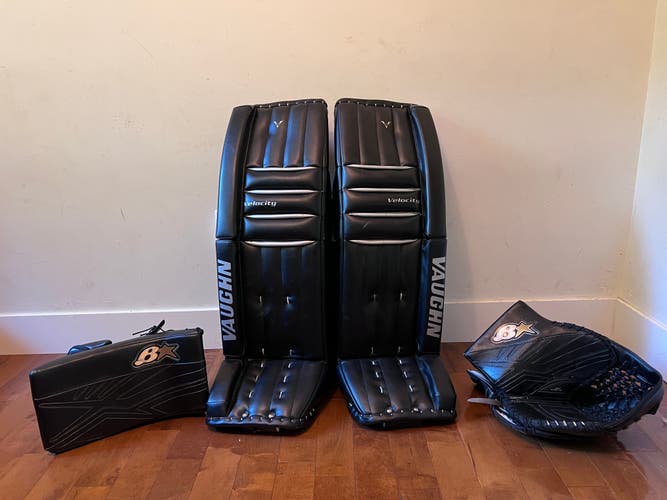 35 + 2" Vaughn v5 pads, modern velcro strapping, Brian's gloves in great shape all black