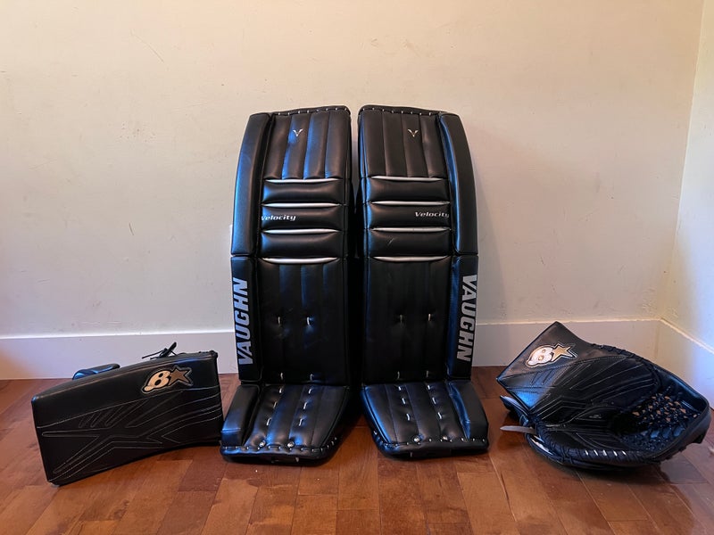 35 + 2" Vaughn v5 pads, modern velcro strapping, Brian's gloves in great shape all black