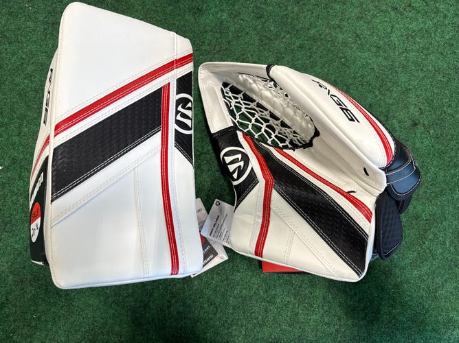 White Black & Red Intermediate Warrior Ritual G6 E+ Goalie Glove & Blocker Set Regular (New)