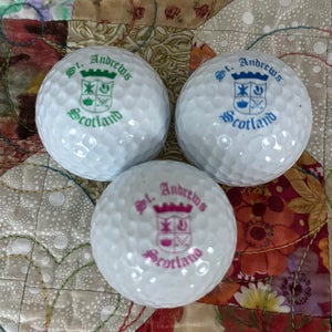 ST. ANDREWS GOLF LINKS - 3 DOUBLE-SIDED LOGO’D GOLF BALLS (PINK / GREEN / BLUE) - NWOT!