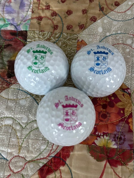 ST. ANDREWS GOLF LINKS - 3 DOUBLE-SIDED LOGO’D GOLF BALLS (PINK / GREEN / BLUE) - NWOT!