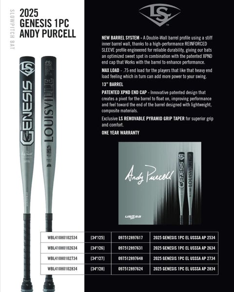 New 25oz Louisville Slugger Andy Purcell Bat Composite 34" (New)