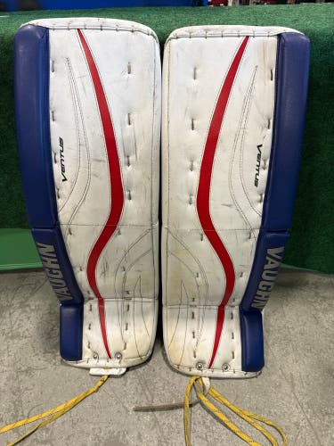 White Red & Blue Senior Vaughn Ventus LT88 Goalie Leg Pads (Used) | 32” +2”
