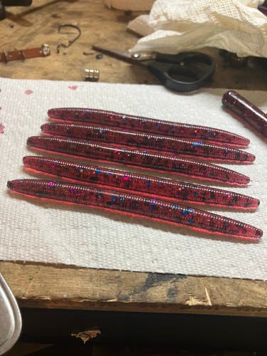 Home made GALACTIC CHERRY 5" STICKBAITS(red with blue and purple flakes) 10 pack