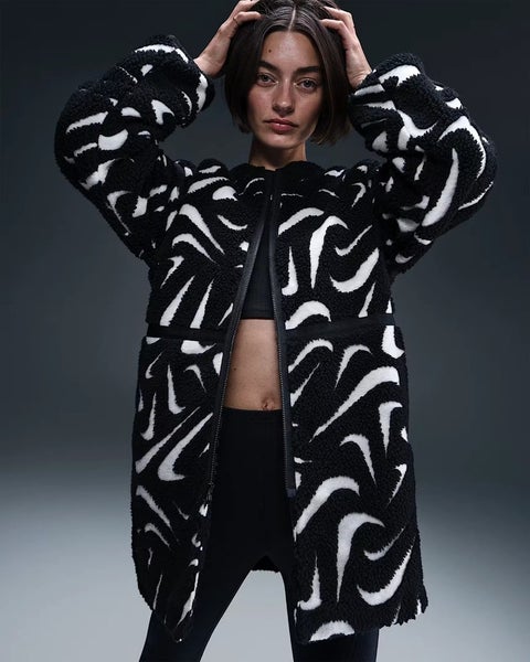 Nike Sportswear Women's Loose High-Pile Jacket Black White Size S FV8025 010