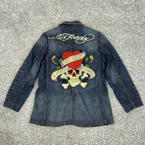 Ed Hardy Jacket Men 2XL XXL Blue Denim Blazer Christian Audigier Embroidered Y2K