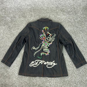 Ed Hardy Jacket Mens 2XL Blue Jean Denim Embroidered Snakes Christian Audigier