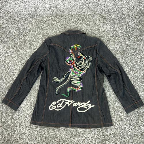 Ed Hardy Jacket Mens 2XL Blue Jean Denim Embroidered Snakes Christian Audigier