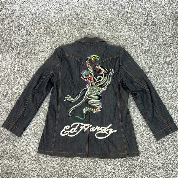 Ed Hardy Jacket Mens 2XL Blue Jean Denim Embroidered Snakes Christian Audigier