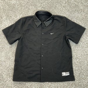 Nike Shirt Mens Medium Black Swoosh Basketball Faux Leather Collar Heavy Woven
