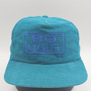 Vintage Bud Light Corduroy Beer Promo Teal Blue Hat Cap Vtg Strapback USA Made