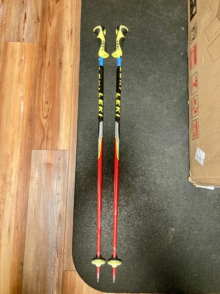 42in (105cm) Leki World Cup Lite SL Racing Ski Poles (Used) with junior pole guards (not attached).