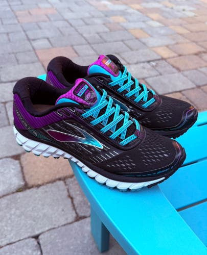 Women's Brooks Ghost 9 Running Sneakers Black Teal Sz 8 Wide (D) Custom Insoles