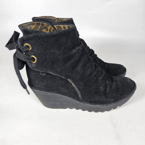 Fly London Yama Womens 39 / 8 Black Suede Wedge Ankle Boots Lace Back Platform