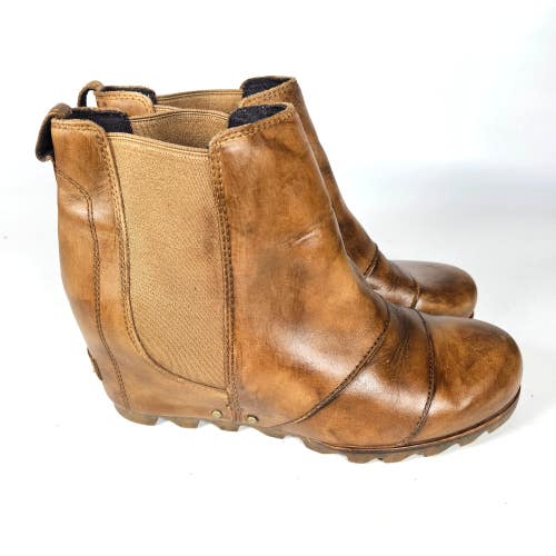 Sorel Lea Wedge Brown Leather Bootie Boots Pull On Size 9.5 Women's