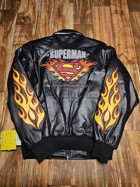 NEW Vintage Warner Bros Superman Black Leather Promo Flame Jacket Large Size S/M