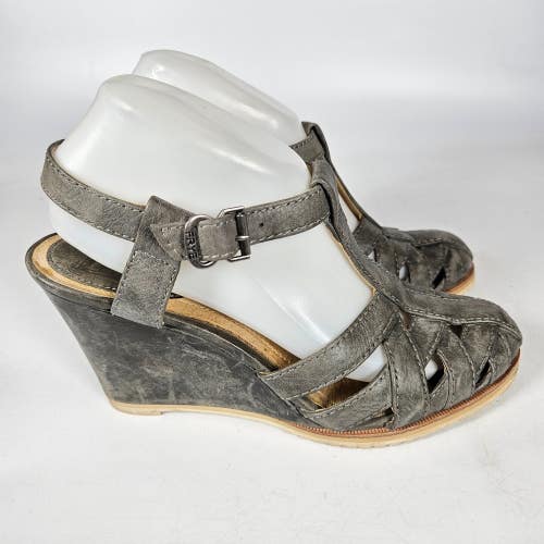 Frye Maye Women's 8.5M Fisherman Wedge Sandals Gray Leather Ankle T Strap Shoes