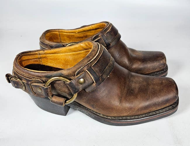 FRYE Harness Mule Boots Womens 5.5 Brown Leather Western Slip On Shoe