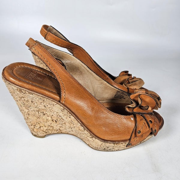 Frye Pepper Leaf Slingback Platform Cork Wedge Sandals Brown Leather Size: 9.5