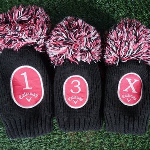 CALLAWAY LADIES 3 HEADCOVERS POM SOCK WOMENS SET 1, 3, X  PINK / BLACK ~ NICE!