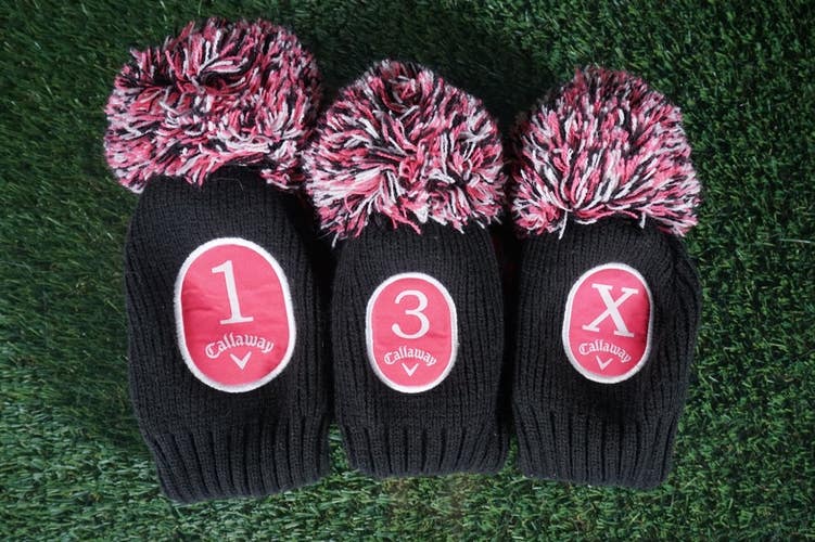 CALLAWAY LADIES 3 HEADCOVERS POM SOCK WOMENS SET 1, 3, X  PINK / BLACK ~ NICE!