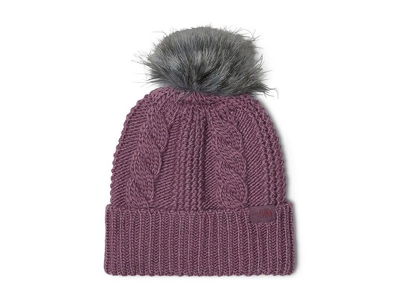 The North Face Oh Mega Beanie Hat Womens Midnight Mauve Cable Knit Fur Pom BYB85