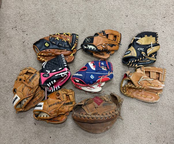 Lot of (9) Youth baseball gloves & Mitt