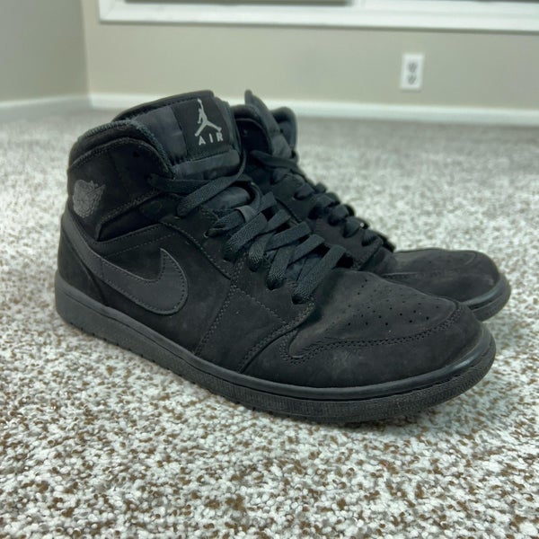 Nike Air Jordan 1 Mid Shoes Mens Size 11 Black Triple Black Nubuck Sneaker Sport