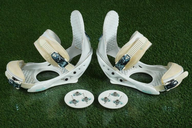 BURTON STILETTOS SNOWBOARD BINDINGS WHITE & BLUE, WOMEN'S SIZE LARGE WITH DISCS