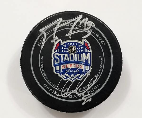 MARC-ANDRE FLEURY COREY CRAWFORD Dual Signed 2014 Stadium Series NHL Game Puck