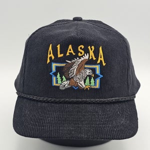 Vintage Alaska Eagle Black Corduroy Nature Mountains Embroidered Hat Snapback