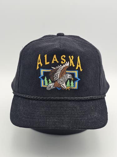 Vintage Alaska Eagle Black Corduroy Nature Mountains Embroidered Hat Snapback