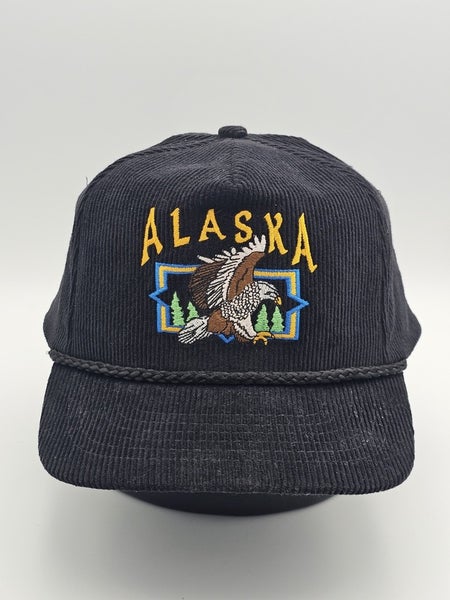 Vintage Alaska Eagle Black Corduroy Nature Mountains Embroidered Hat Snapback