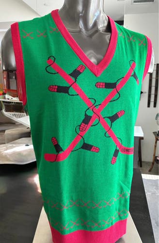 Holiday Gongshow Hockey Knit Sweater Vest, M New + Dress Shirt, L + Hat
