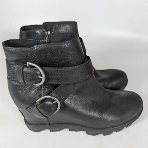 Sorel Joan Of Arctic Wedge II Boots Womens 9 Black Leather Buckle Ankle Shoes