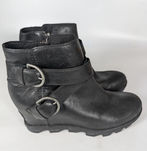 Sorel Joan Of Arctic Wedge II Boots Womens 9 Black Leather Buckle Ankle Shoes