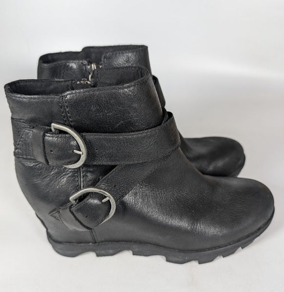 Sorel Joan Of Arctic Wedge II Boots Womens 9 Black Leather Buckle Ankle Shoes