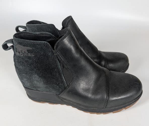 Sorel Evie II Zip Chelsea Wedge Boots Black Waterproof Leather Women's Size: 7