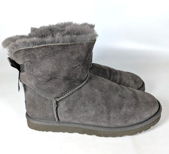 UGG Mini Bailey Bow Winter Boots Womens Size 9 Gray Leather Sheepskin Lined